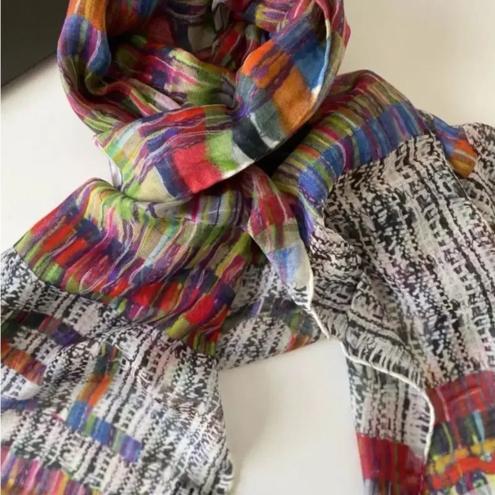 Auth Chanel Multicolor Cashmere Modal Silk Blend Striped Wrap Shawl Stole Scarf